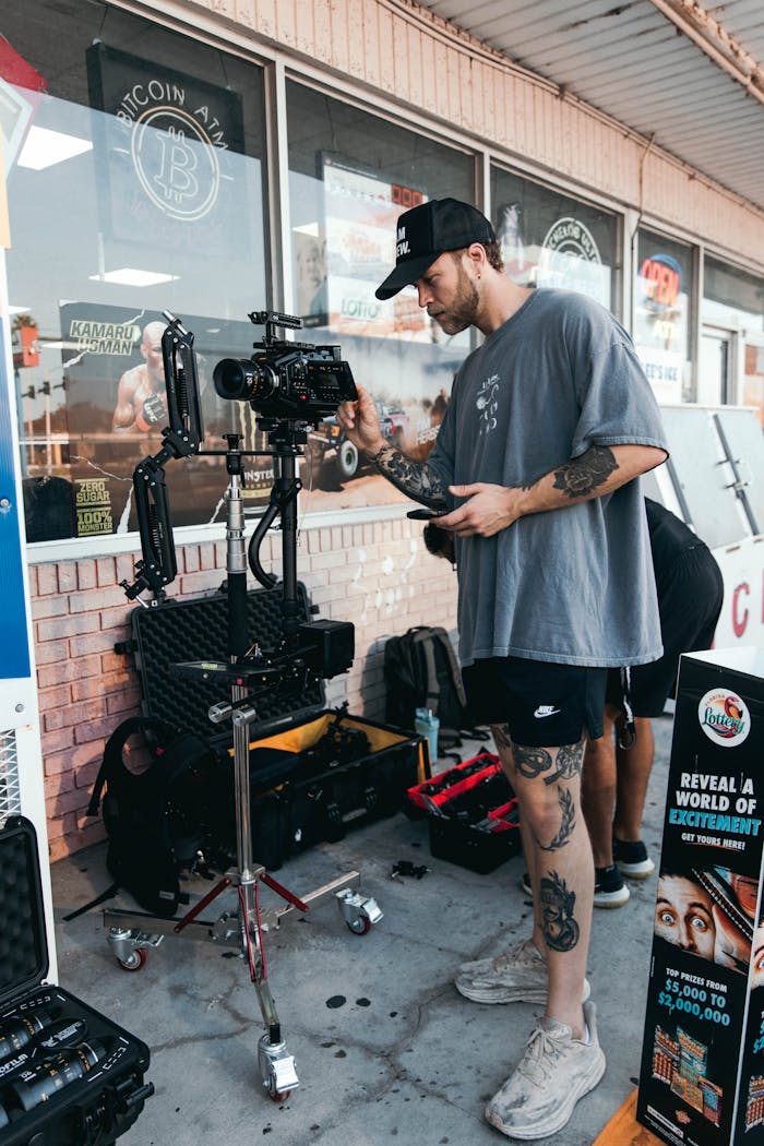 A man with tattoos standing next to a camera